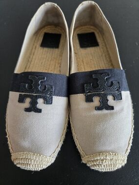 ​Tory Burch Ines Colorblock Espadrille Flats Canvas Leather Cream Black 9.5